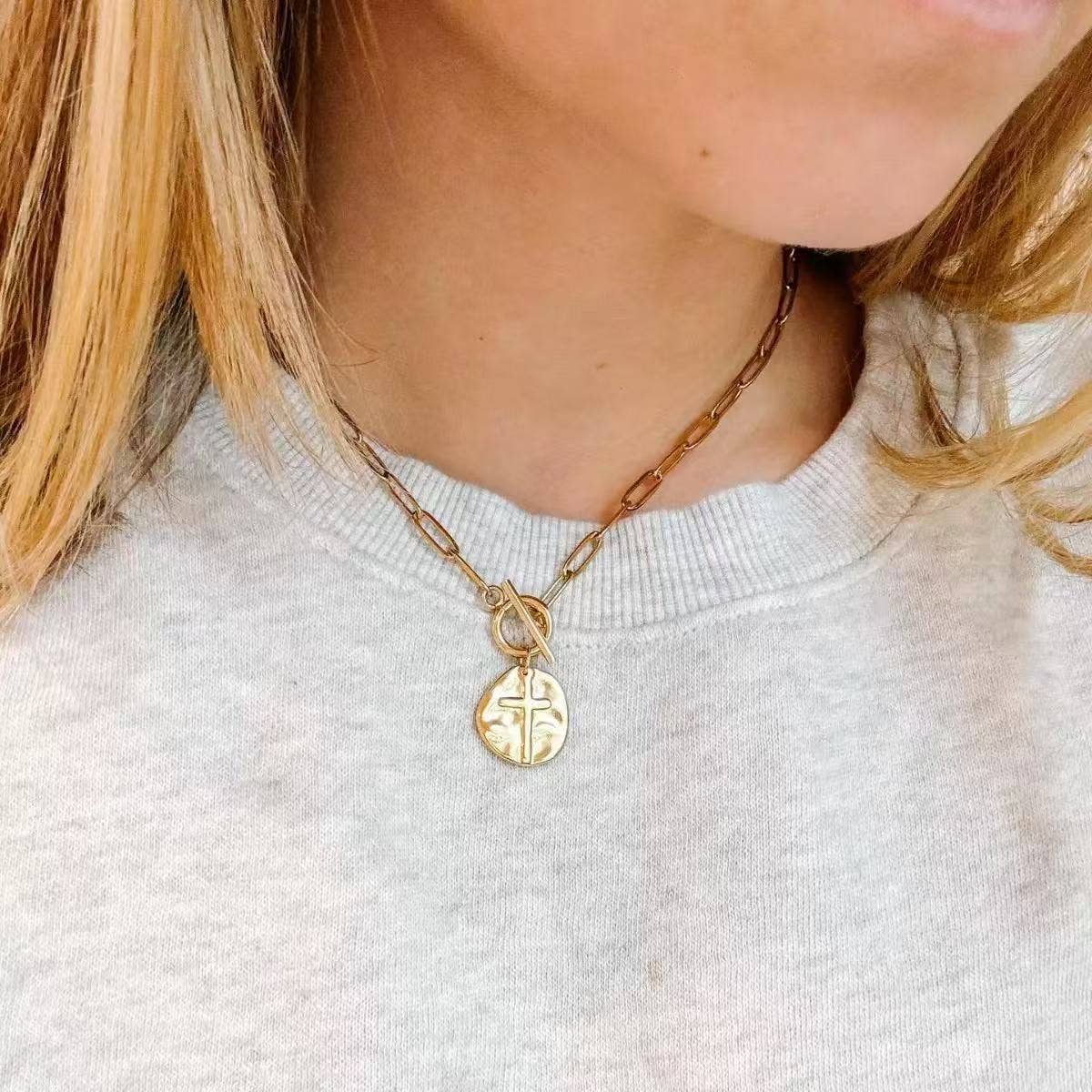 Cute Cross Chain Front Hook Necklace Hammered Metal - GOLD