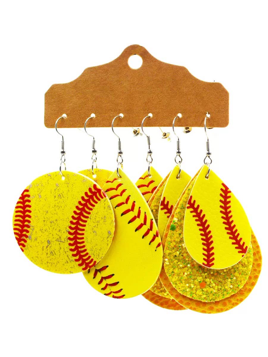 3 Pair Softball Earrings Trendy 
