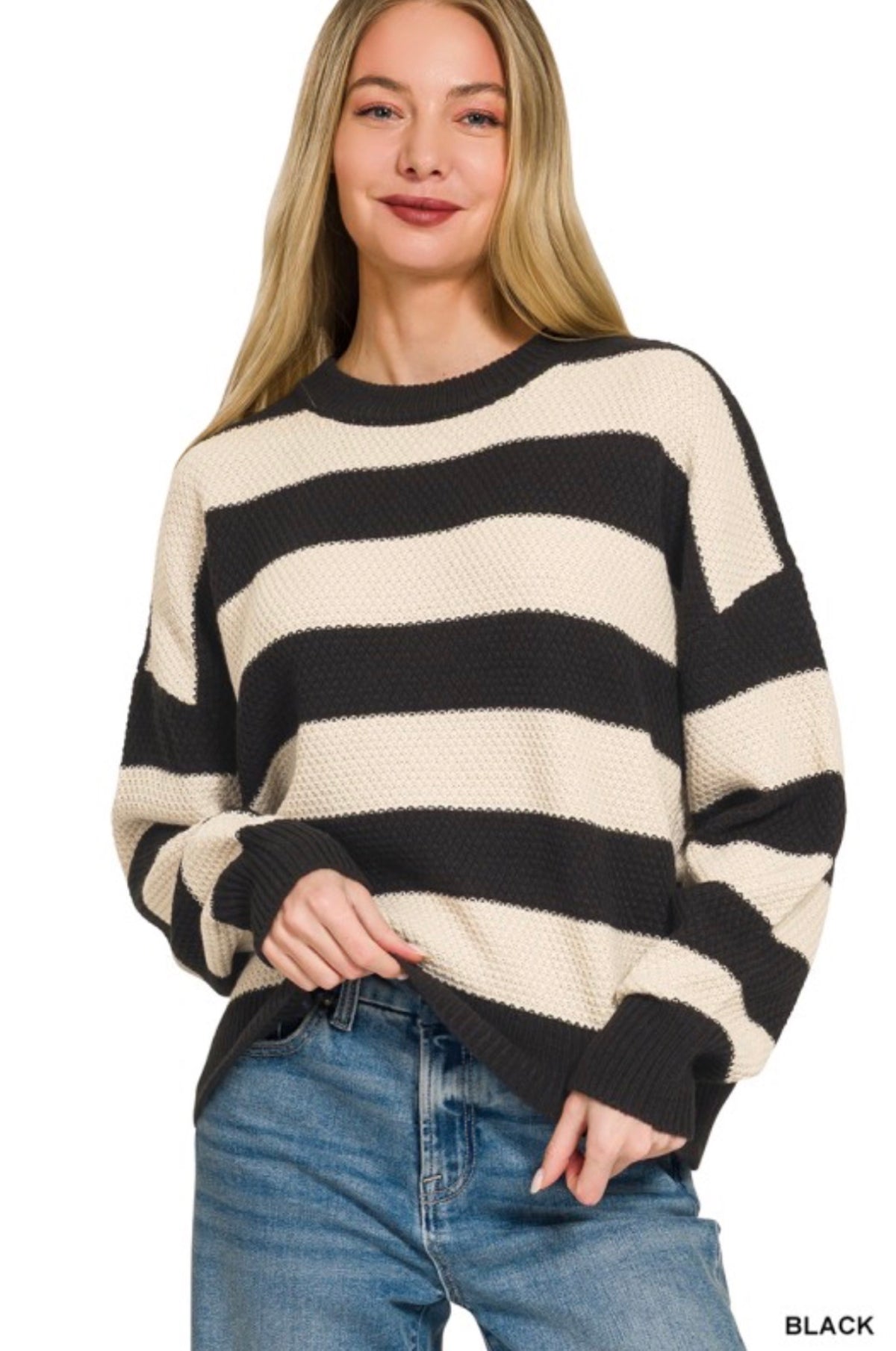 Zenana Striped Drop Shoulder Sweater