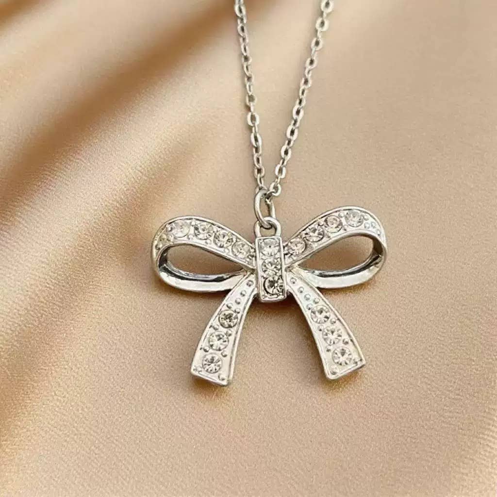 Cute Dainty Silver Bow Necklace for Women 