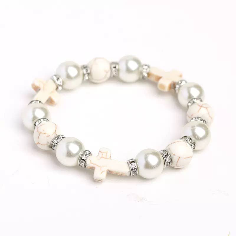 White & Rhinestone Cross Bracelet